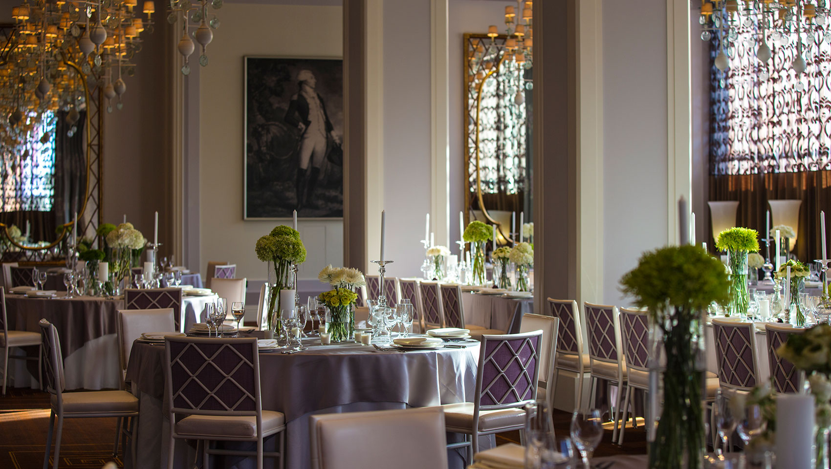 Wedding reception table set up in Lafayette Ballroom at Kimpton Hotel Monaco Philadelphia
