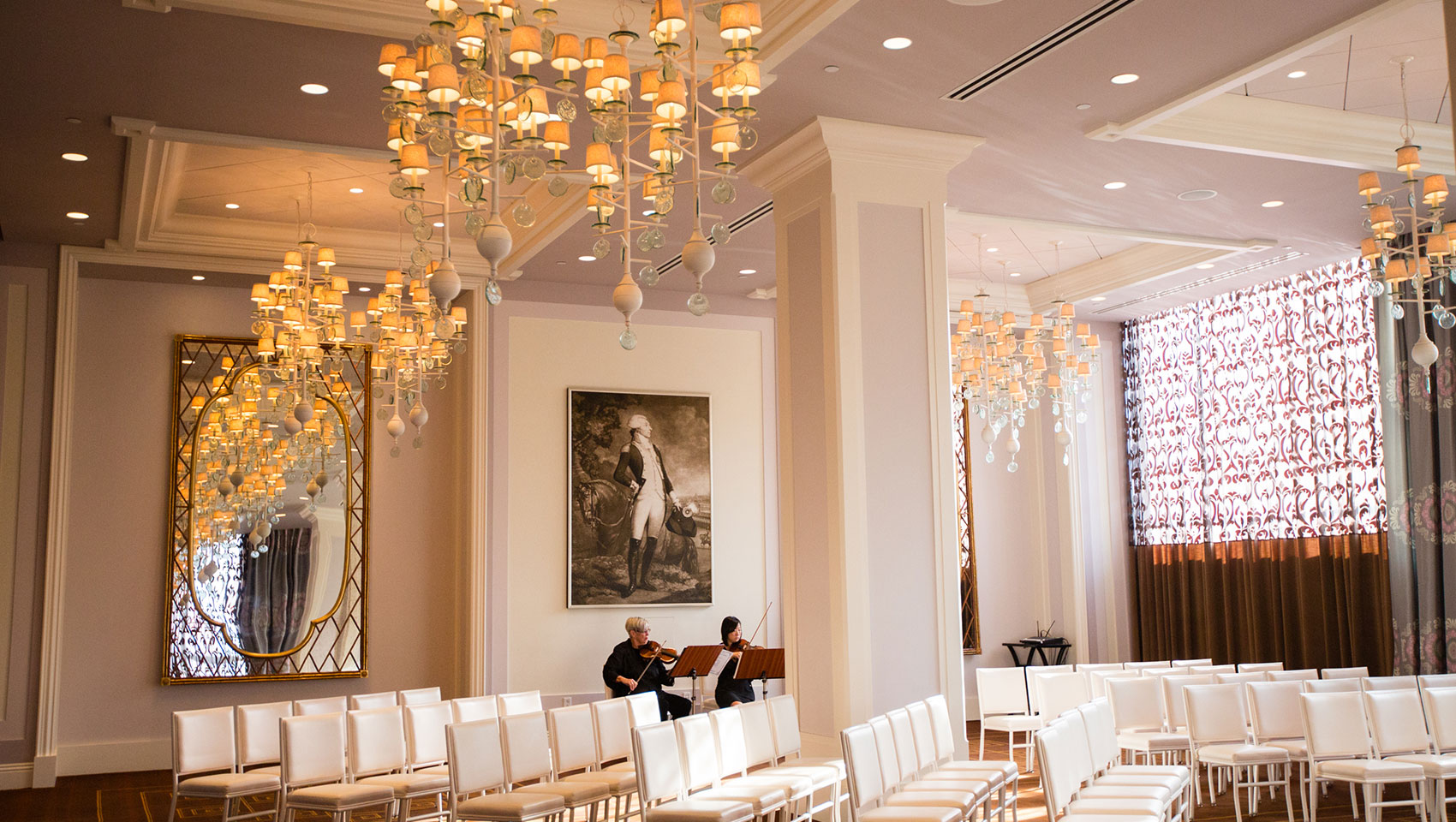 Ceremony setup in Lafayette Ballroom with live string quartet at Kimpton Hotel Monaco Philadelphia