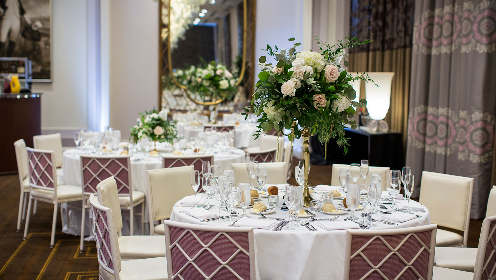 Wedding reception table set up in Lafayette Ballroom at Kimpton Hotel Monaco Philadelphia
