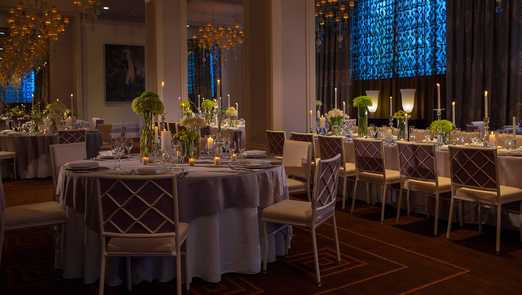 Wedding reception set up in ballroom at Kimpton Hotel Monaco Philadelphia