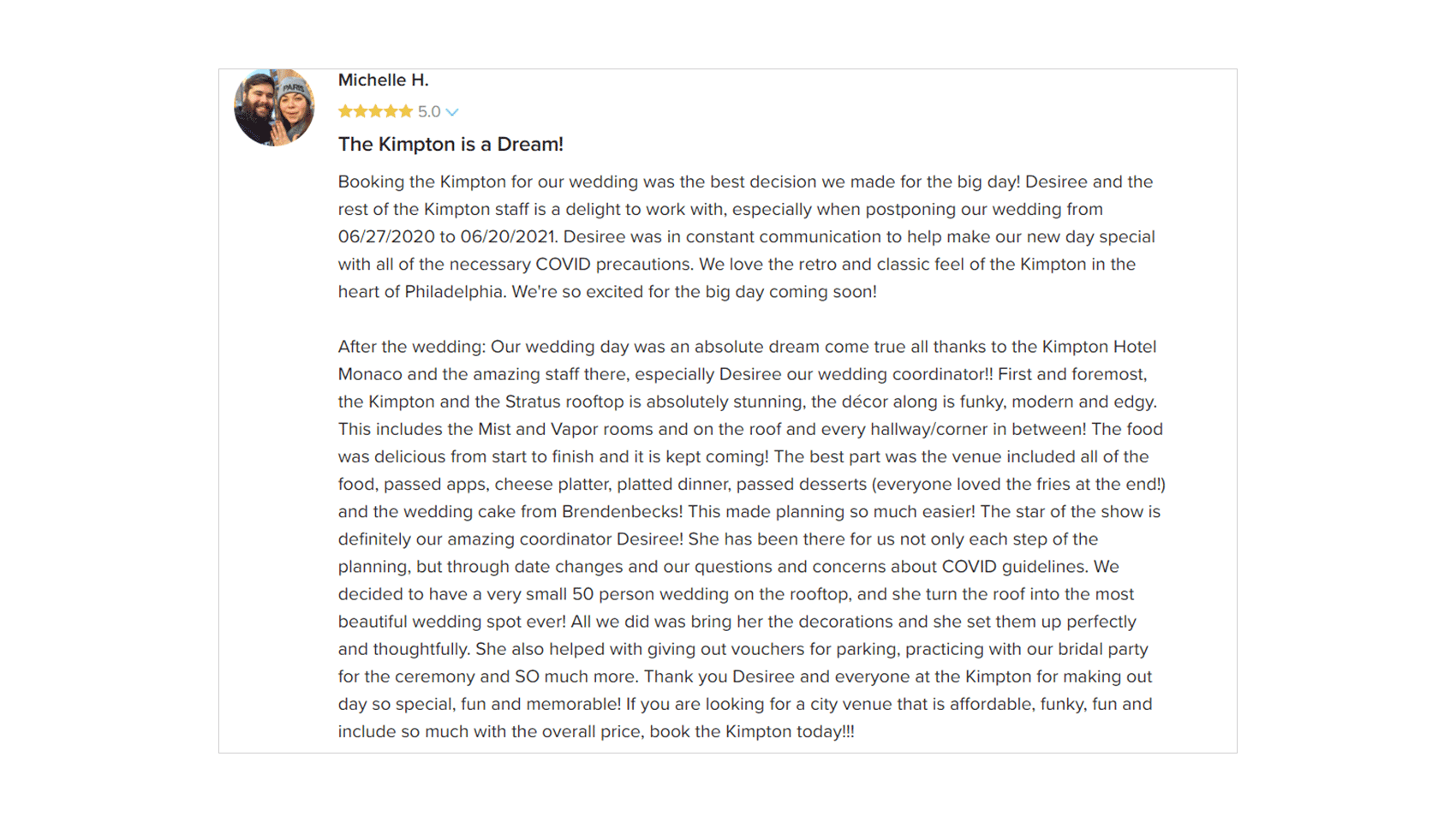 A positive review of Kimpton Hotel Monaco Philadelphia from a past guest
