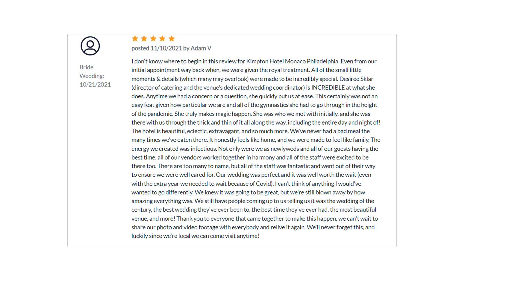 A positive review of Kimpton Hotel Monaco Philadelphia from a past guest
