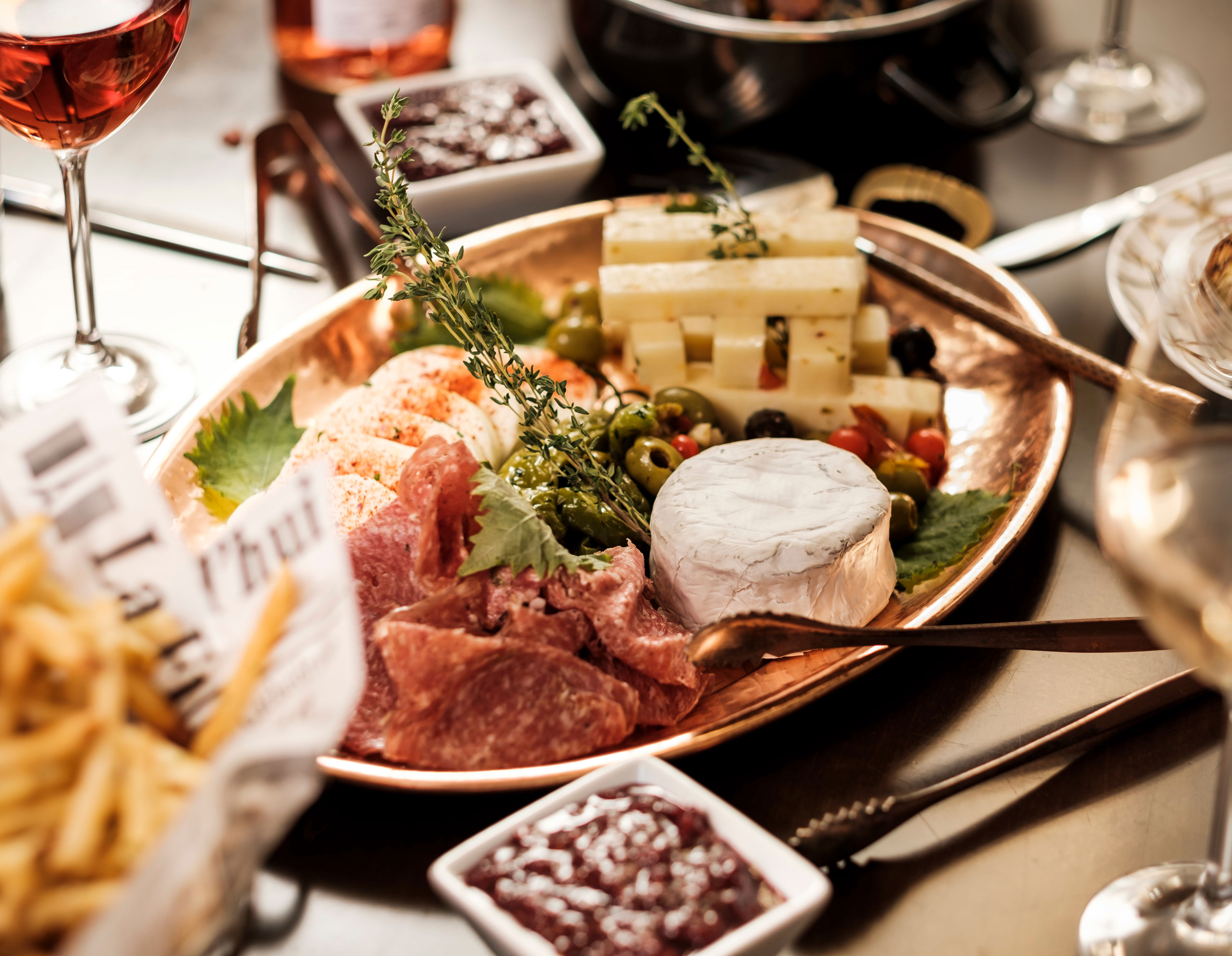 Closeup of cheese and charcuterie tray
